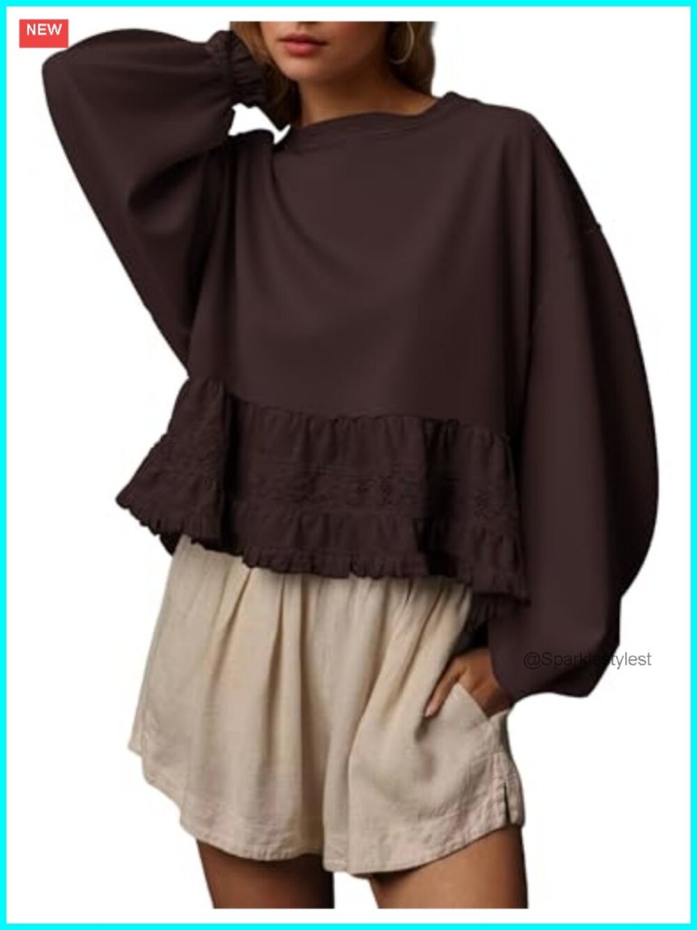Oversized Crop Sweatshirt Lace Patchwork Puff Sleeve Peplum Top